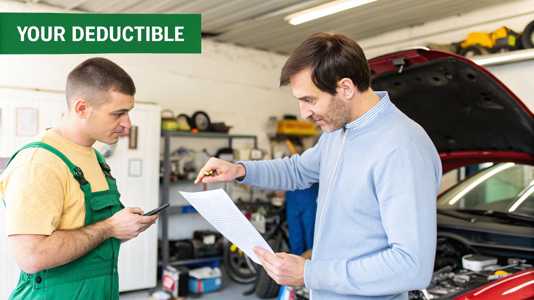A person reviewing their insurance policy documents with a magnifying glass.