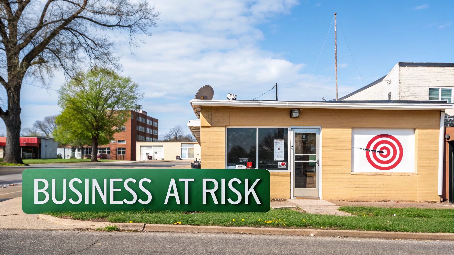 A magnifying glass hovering over various small business icons like a medical clinic, an e-commerce shop, and a law office, signifying risk assessment.
