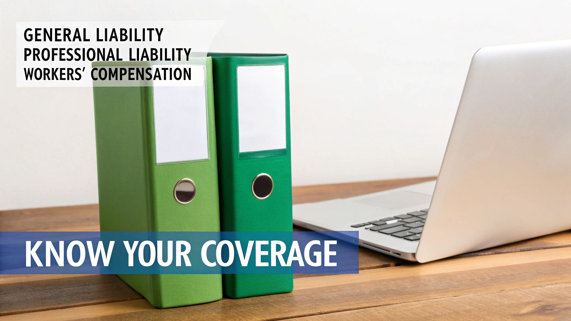 Two green binders and a laptop on a wooden desk, displaying text about various types of liability insurance.