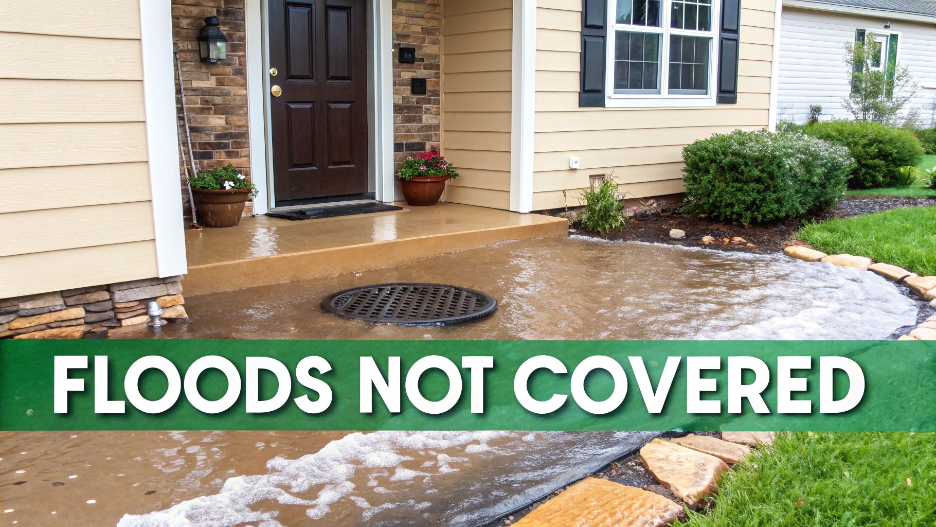 Water covers a house entrance with a visible drain and a banner stating 'FLOODS NOT COVERED'.
