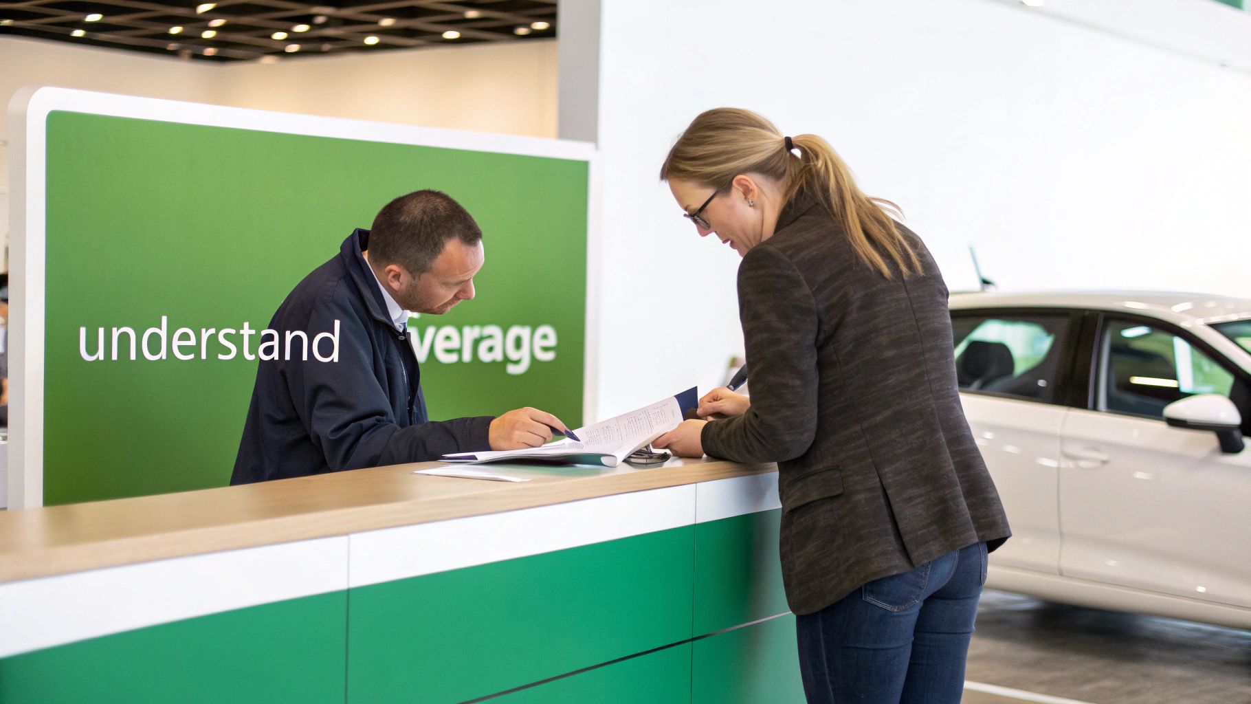 A man and woman review car insurance documents at a counter in a car dealership.