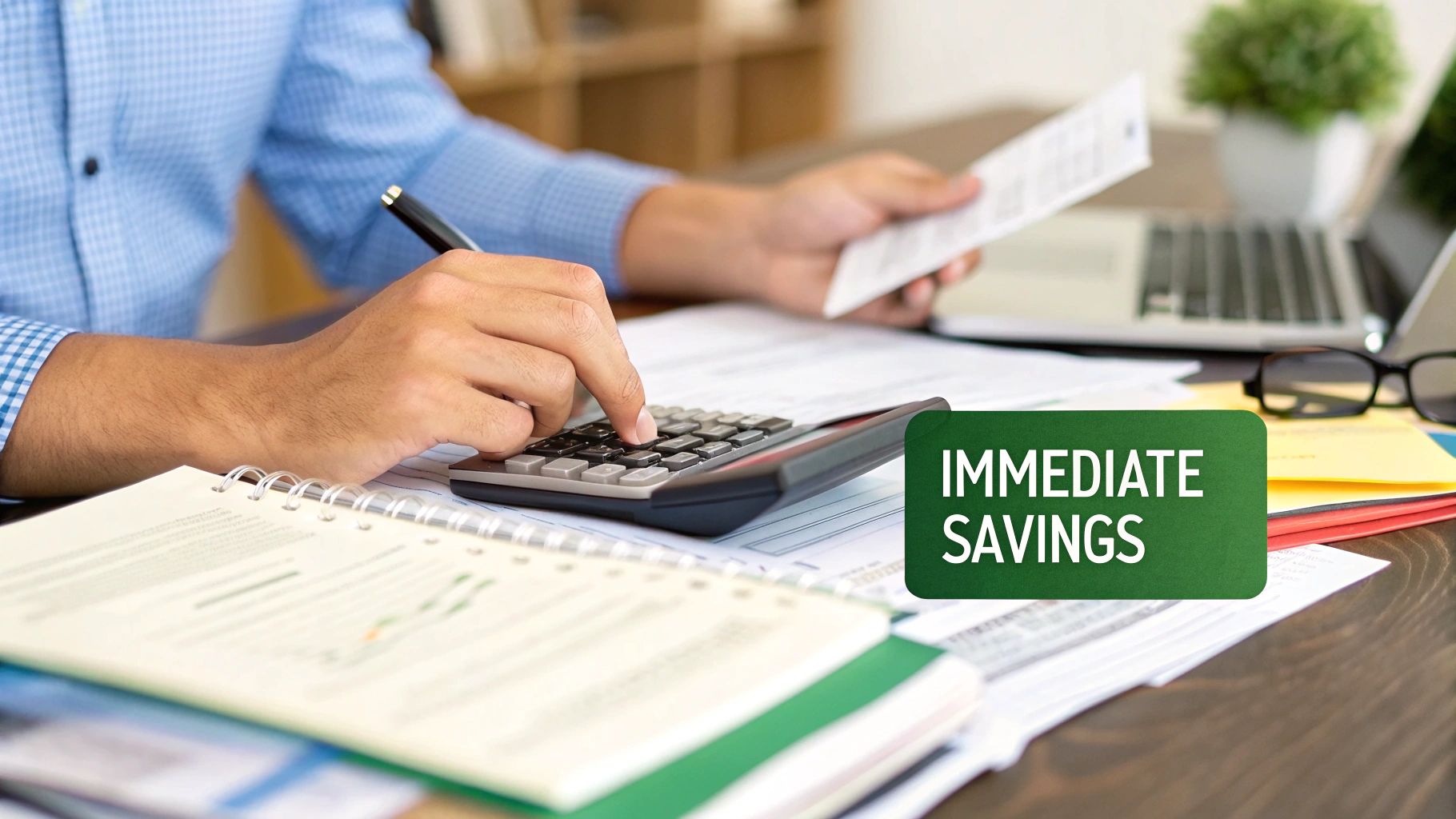 Woman reviewing her home insurance policy documents at her kitchen table.