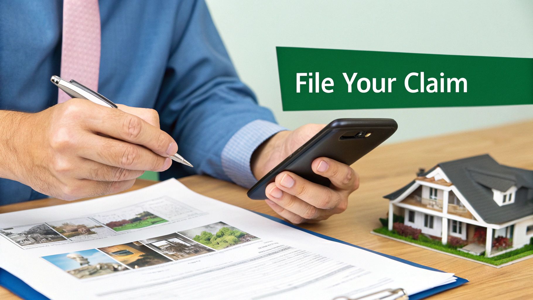 A person reviews documents with property images, holding a pen and smartphone, near a house model, with text 'File Your Claim'.