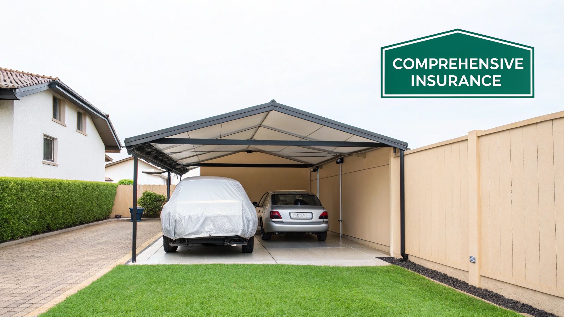 Two cars under a modern carport in a residential driveway, with a 'Comprehensive Insurance' sign.