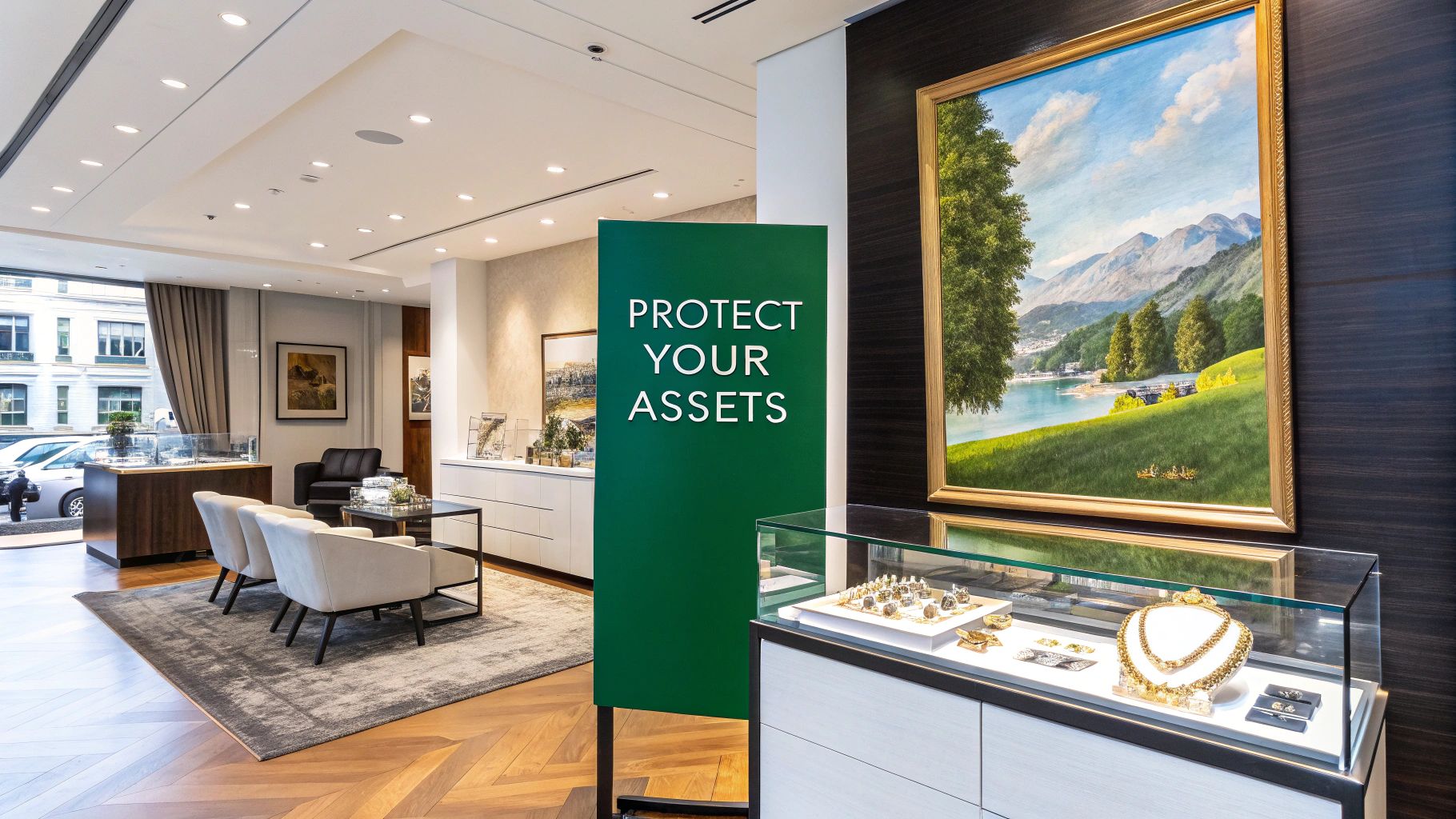 A collection of valuable items like a camera, jewelry, and fine art neatly arranged, representing items that need special insurance.