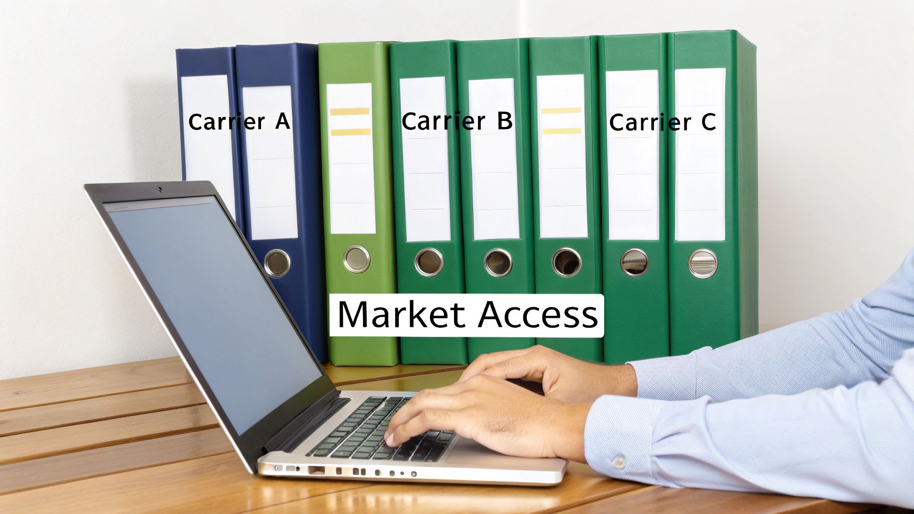 A person types on a laptop in front of binders labeled with insurance carriers and market access.