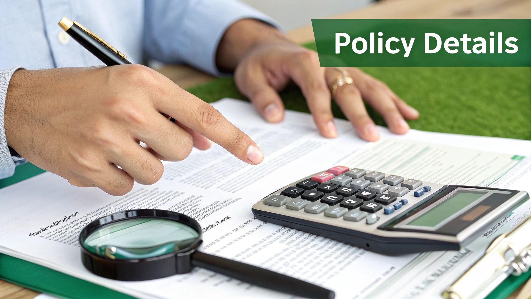 A person's hands reviewing policy documents with a calculator and magnifying glass.