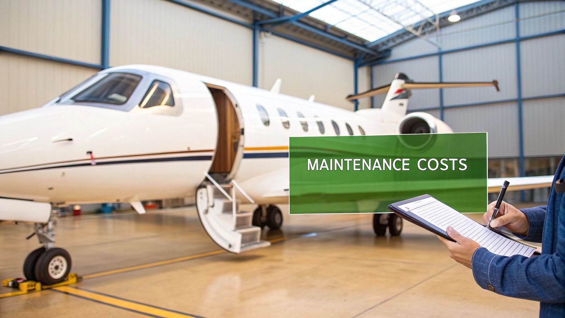 A person inspects a white private jet inside a hangar, with a 'MAINTENANCE COSTS' overlay.