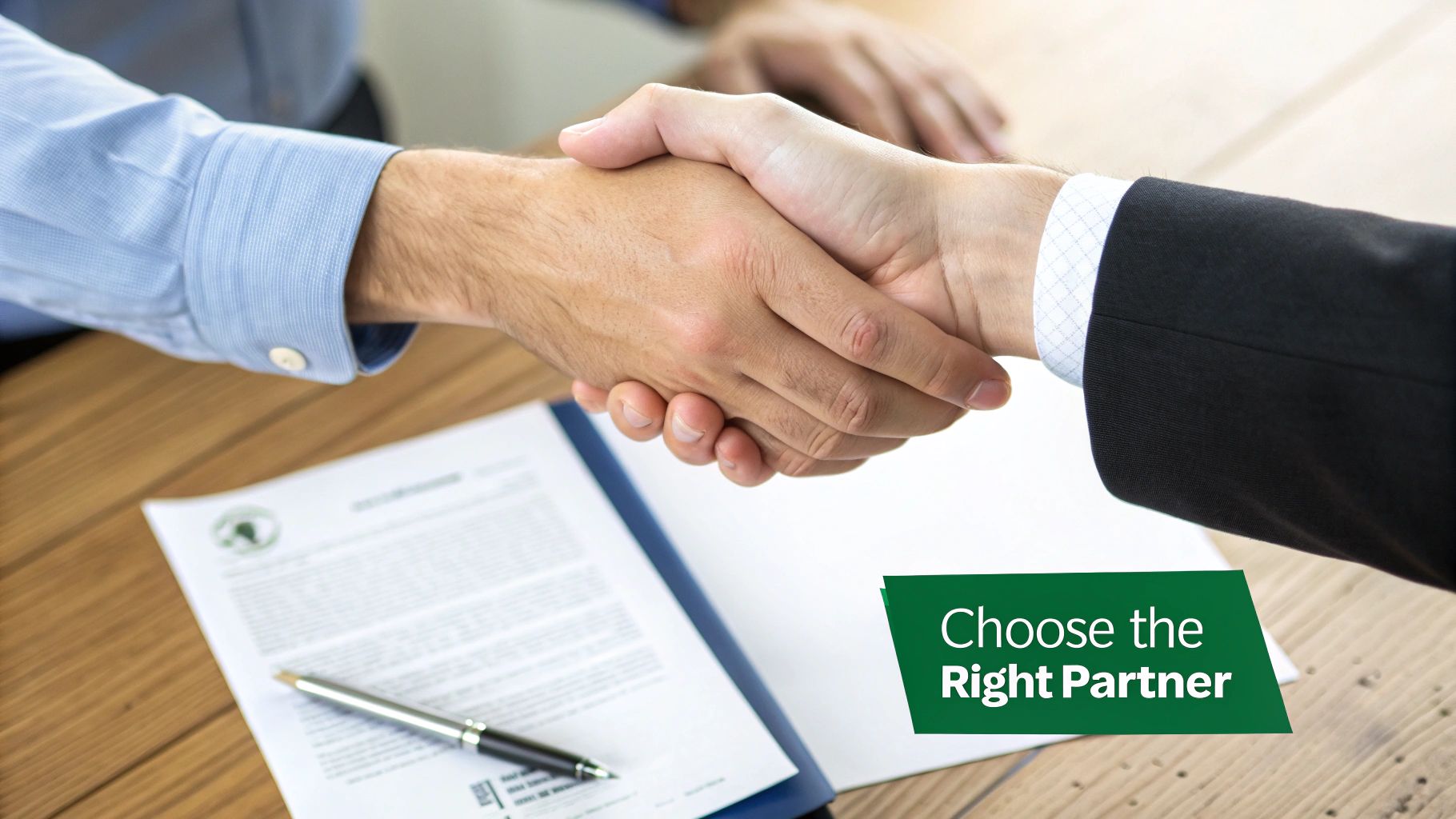 Two business people shaking hands over documents and a pen, symbolizing a partnership.