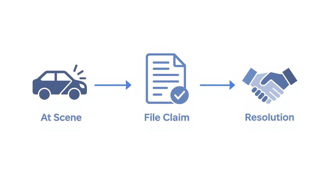 Infographic showing the three main steps of the commercial auto insurance claims process: At Scene, File Claim, and Resolution.