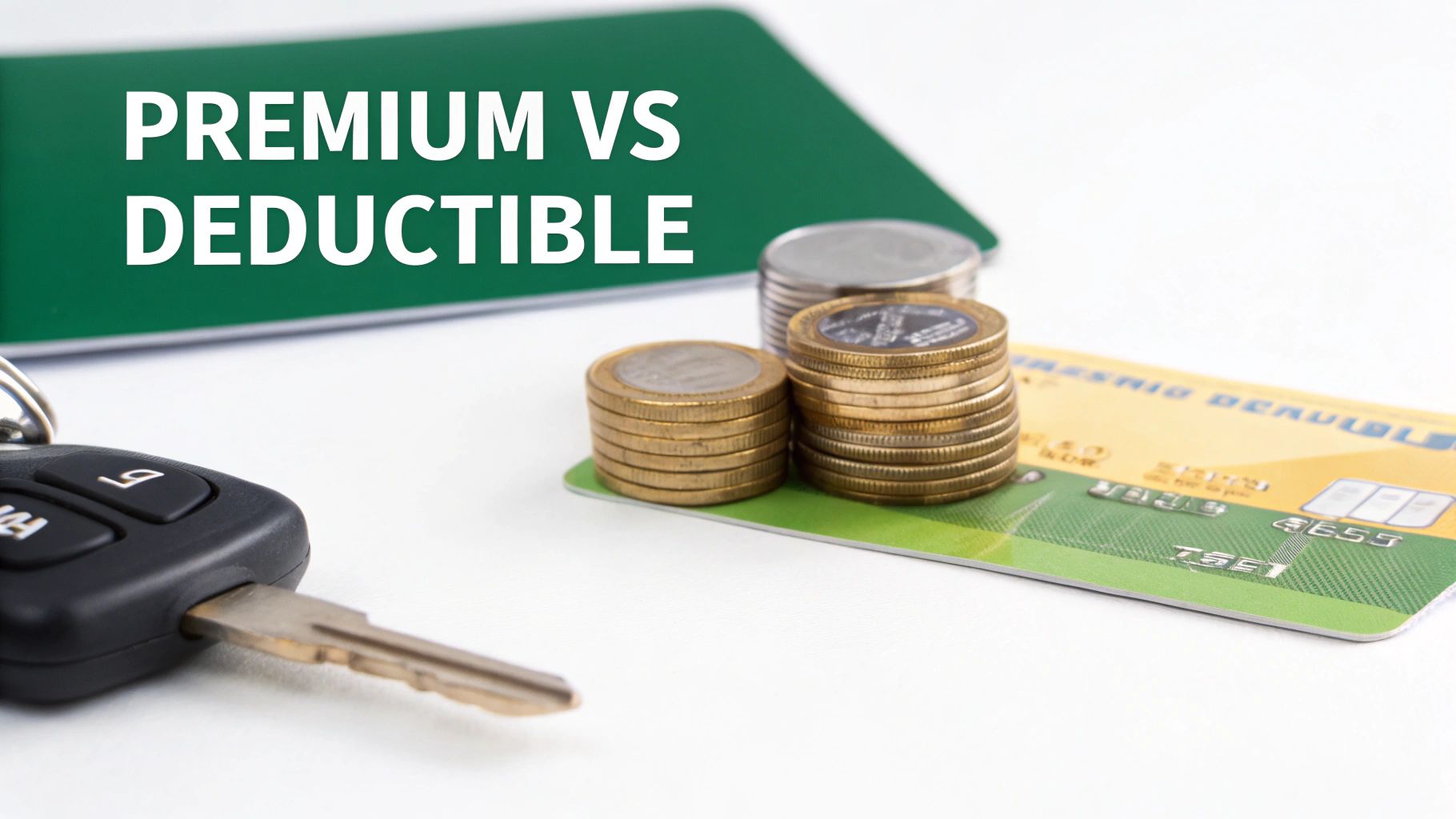 A car key, stacked coins, and a credit card near a green booklet titled 'PREMIUM VS DEDUCTIBLE'.