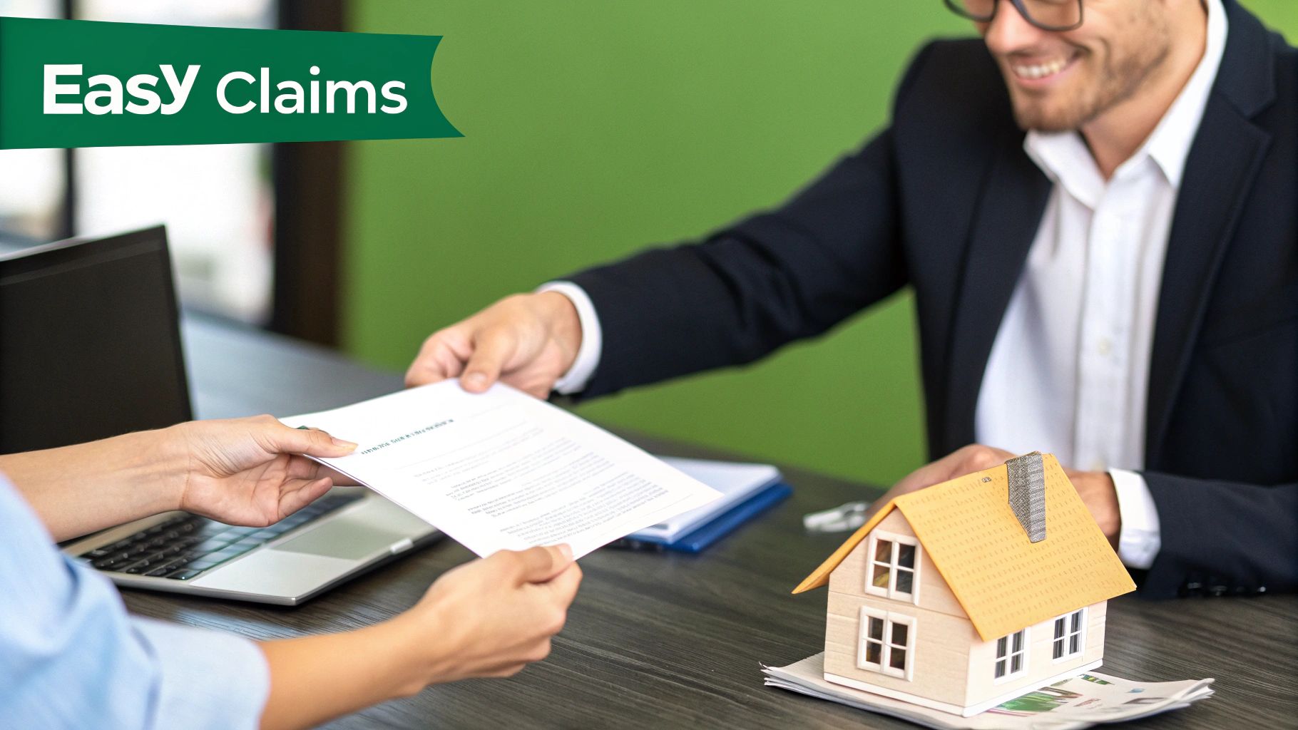 A person sitting at a desk reviewing insurance documents with a pen.
