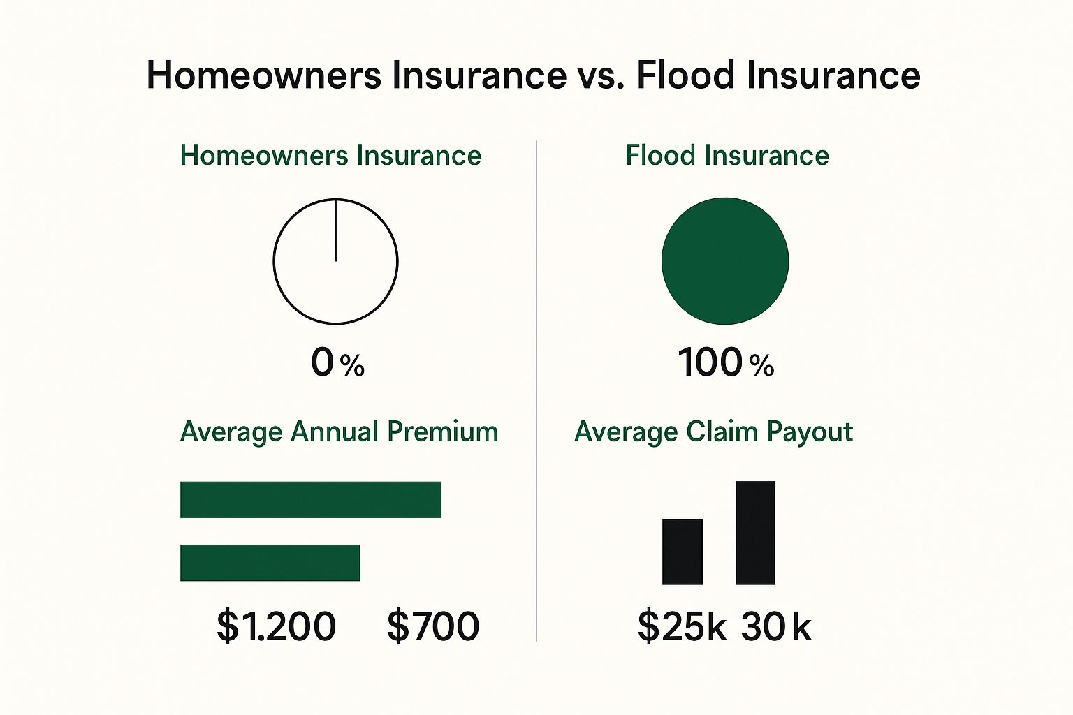 Infographic comparing the average cost and coverage of homeowners insurance versus flood insurance, highlighting that homeowners insurance offers zero coverage for flood events.