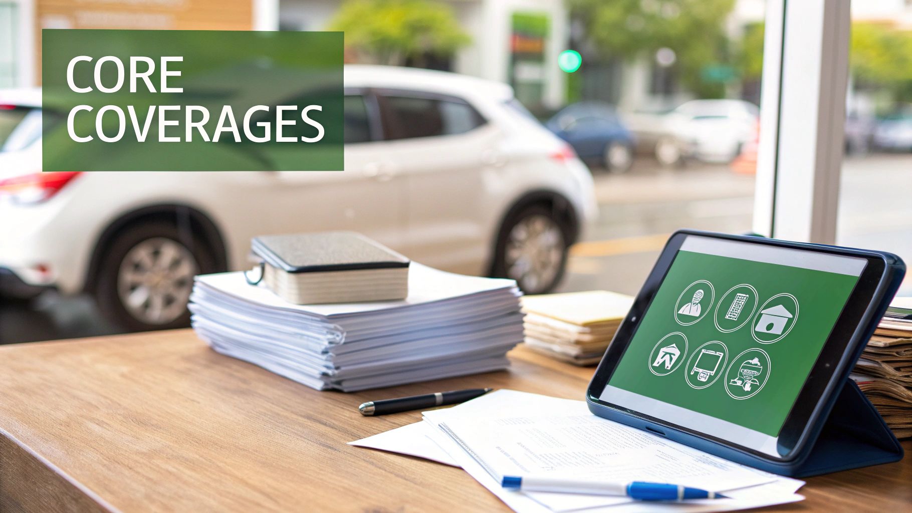 A desk with documents, pens, and a tablet displaying various insurance coverage icons, with 'CORE COVERAGES' text.