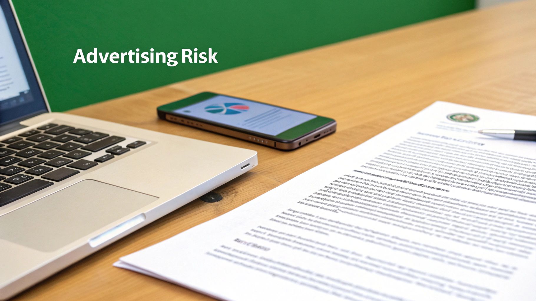 A desk setup with a laptop, smartphone displaying a pie chart, document, and pen, with 'Advertising Risk' on a green wall.