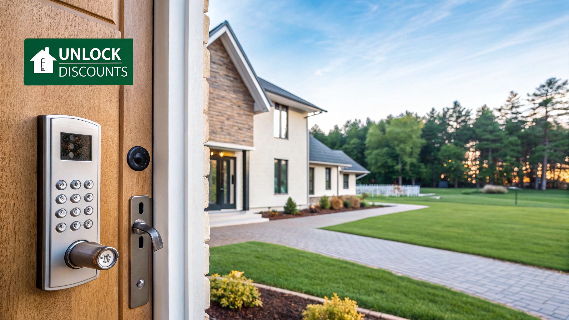 A magnifying glass hovering over a home insurance policy, symbolizing the search for hidden discounts.