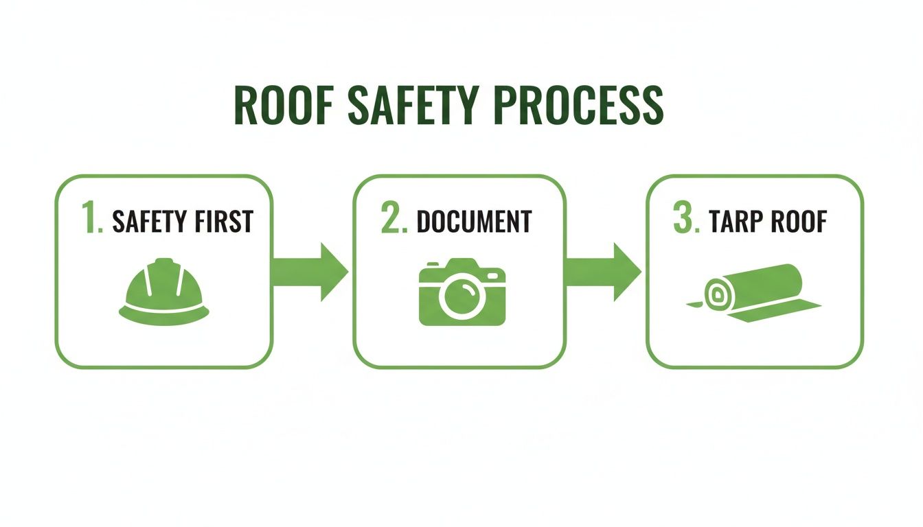 A diagram illustrating the 'Roof Safety Process' with three steps: 1. Safety First (hard hat), 2. Document (camera), 3. Tarp Roof (tarp roll).