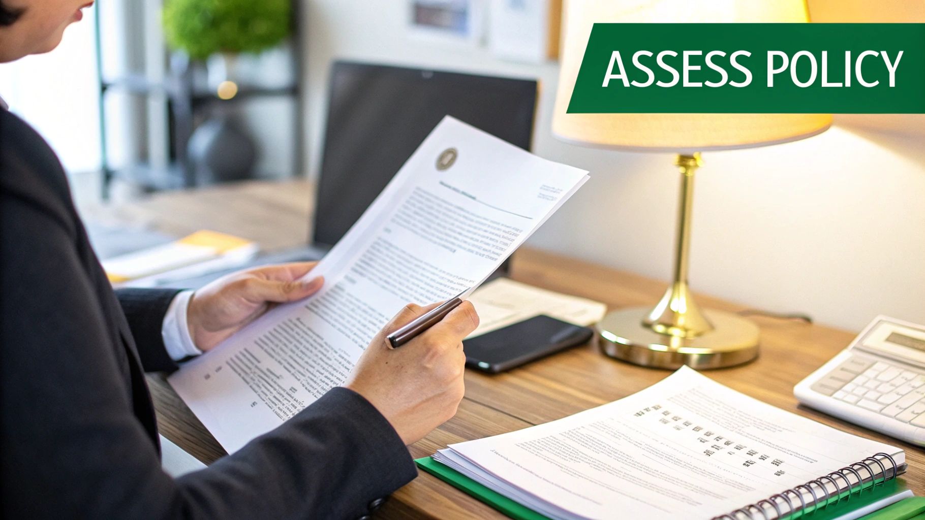 Woman reviewing insurance documents at a desk