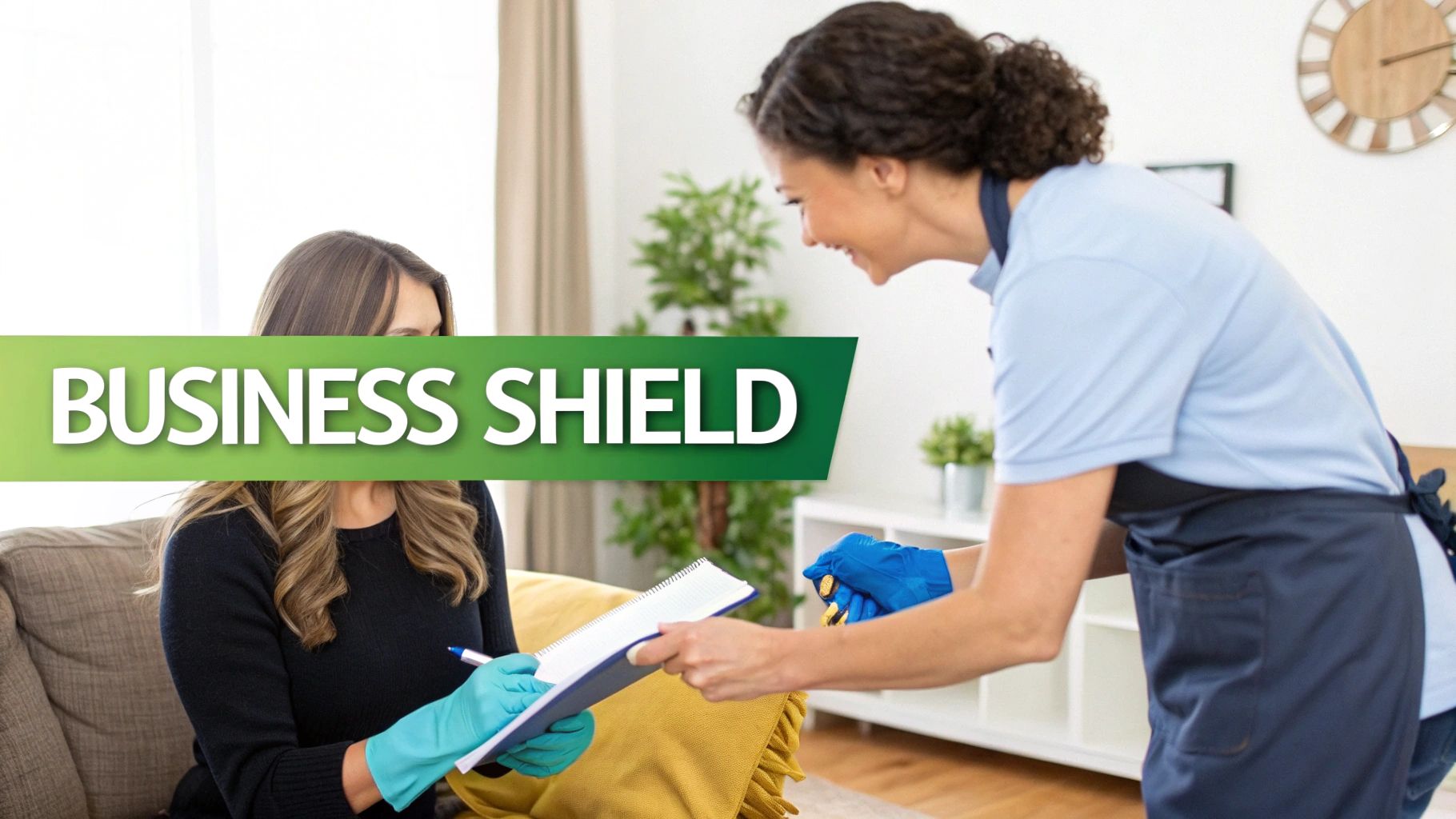 A client and a smiling service worker, both in blue gloves, engage in a transaction, with 'BUSINESS SHIELD' text.