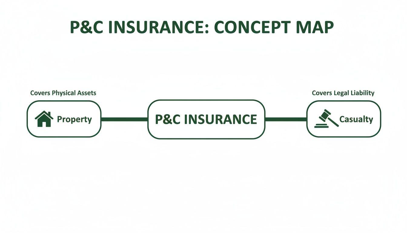 Concept map illustrating P&C insurance covering property (physical assets) and casualty (legal liability).