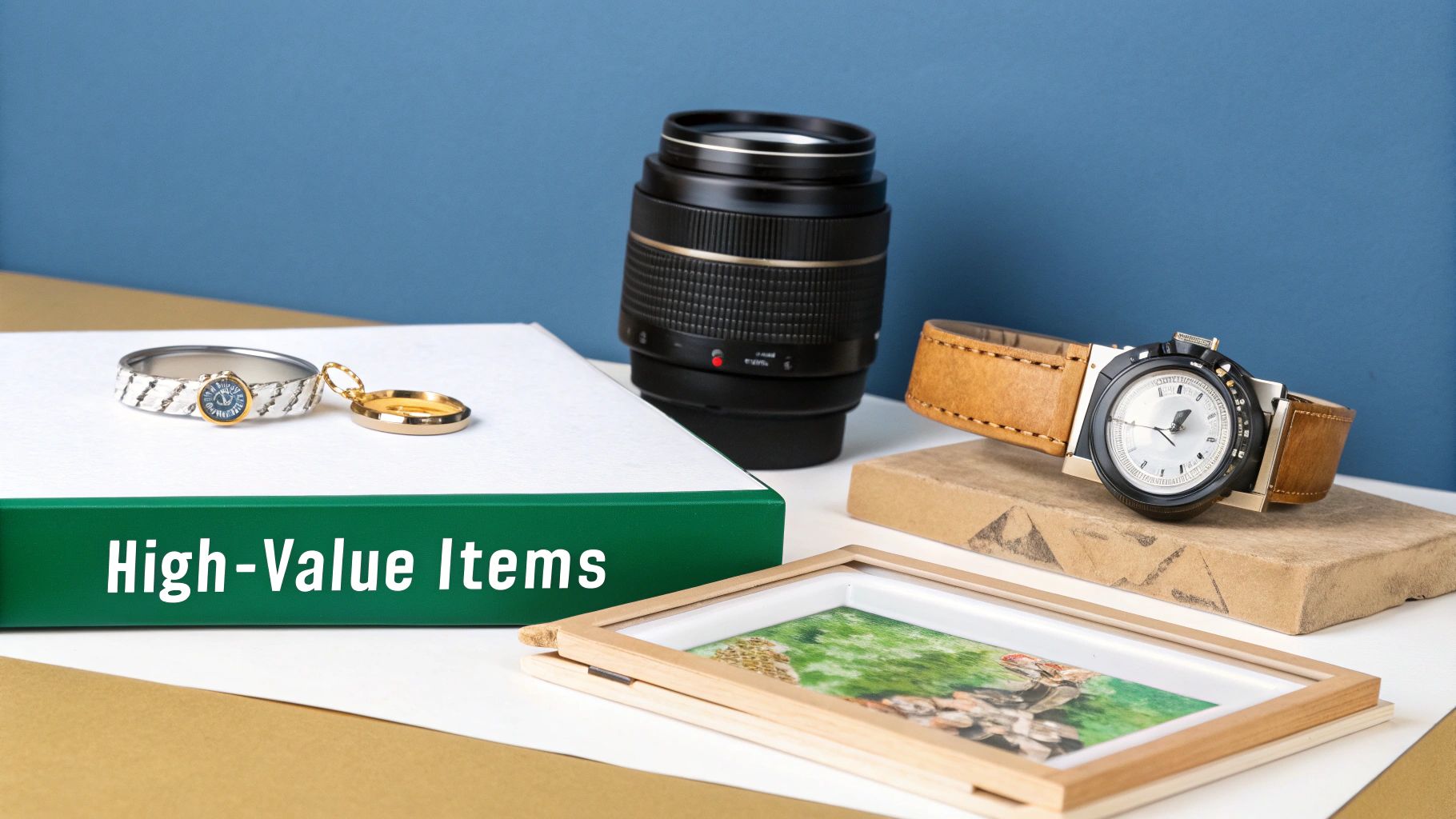 A collection of valuable items including jewelry, a vintage camera, and fine art, arranged neatly on a wooden table.