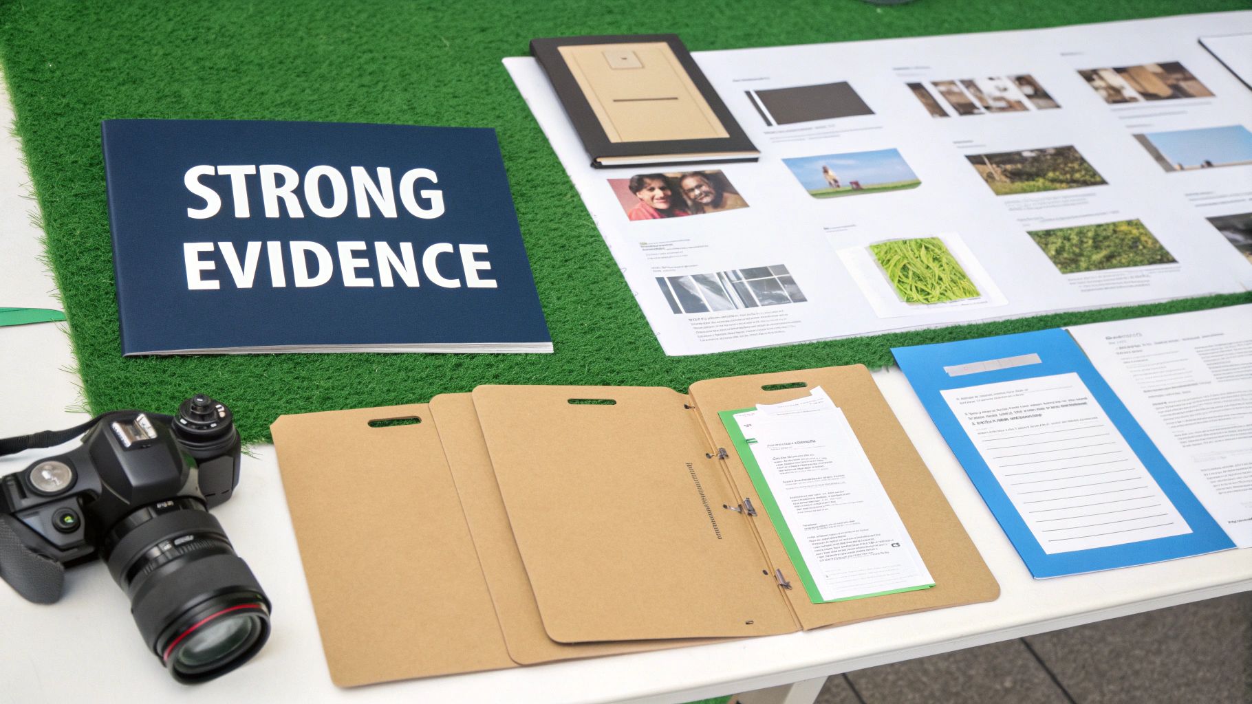 Table display with 'Strong Evidence' book, camera, folders, and visual evidence on artificial grass.