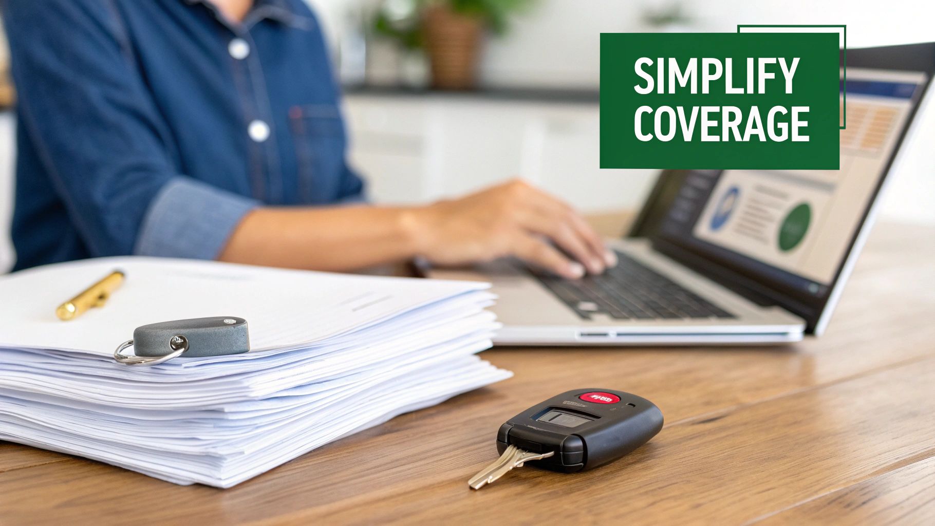 Woman working on laptop with car keys and documents, simplifying home and auto insurance.