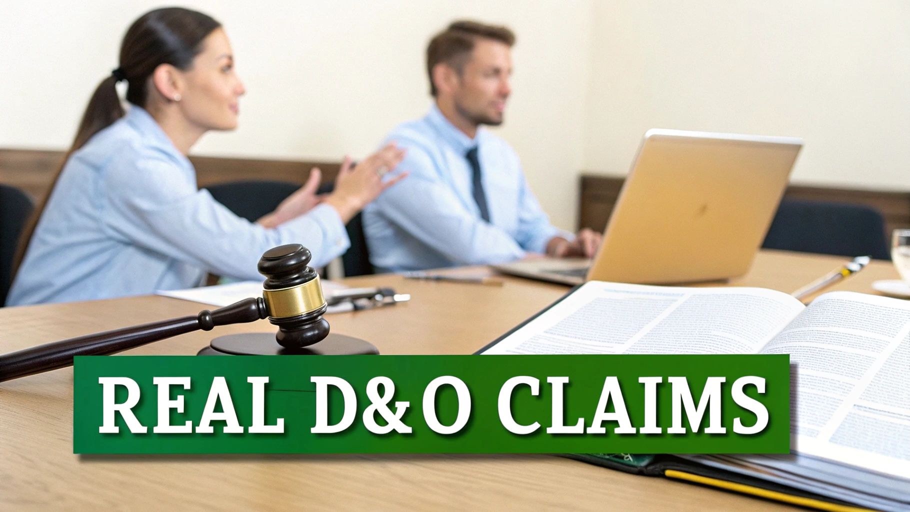 Two professionals discussing in a meeting with a gavel, laptop, and an open book. A banner states 'REAL D&O CLAIMS'.