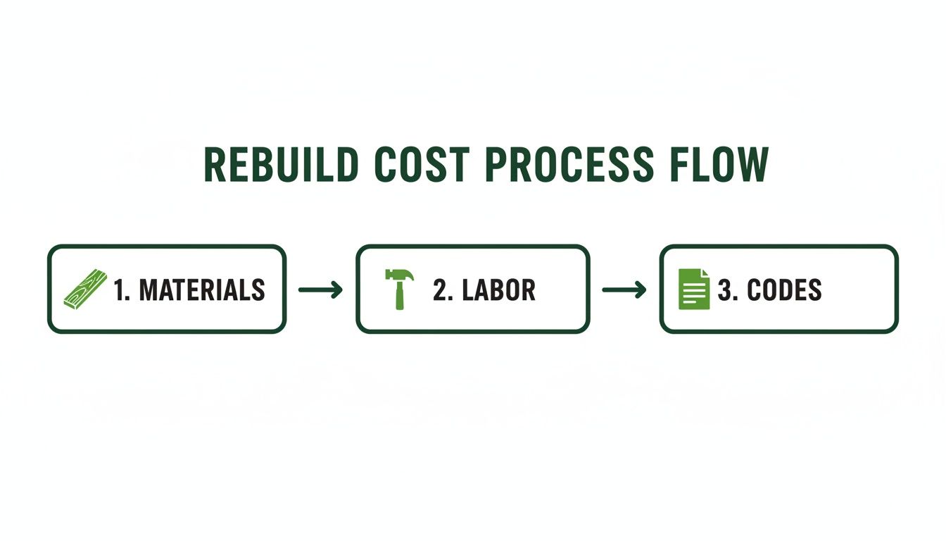 Flowchart illustrating the rebuild cost process, detailing materials, labor, and building codes as key steps.