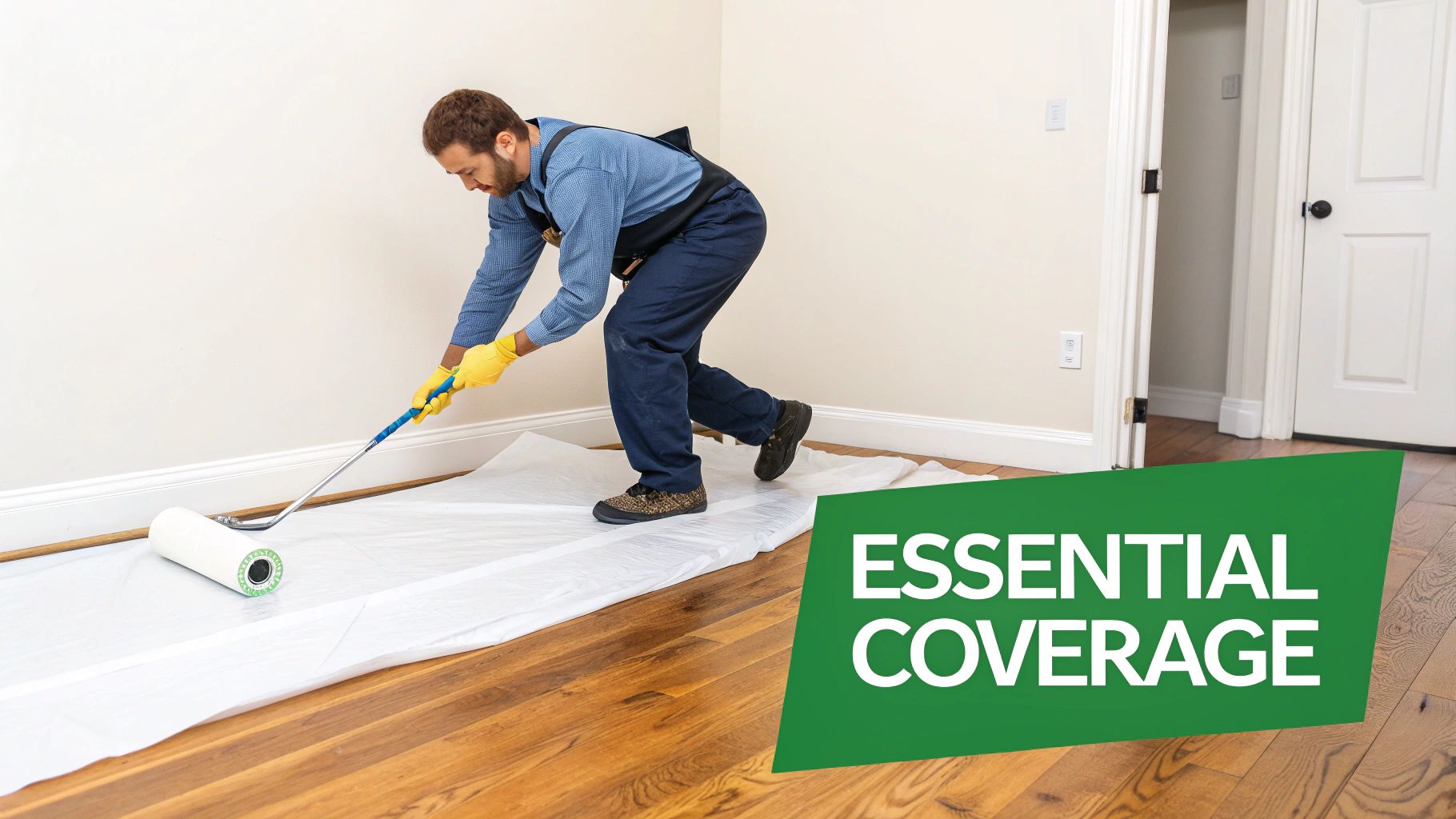 A painter in yellow gloves unrolls a white protective covering on a wooden floor, preparing for a painting job.