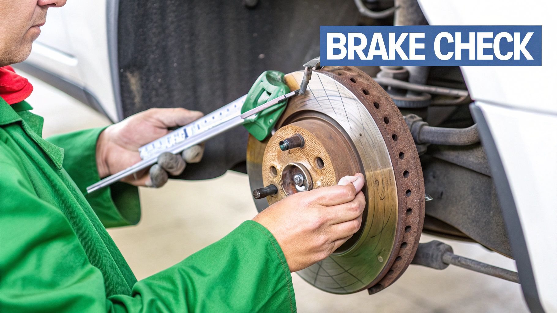 Mechanic in green uniform measuring the thickness of a car's brake disc with a caliper.