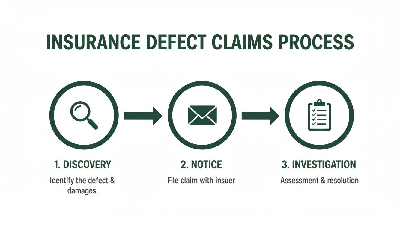 An infographic detailing the three-step insurance defect claims process: discovery, notice, and investigation.