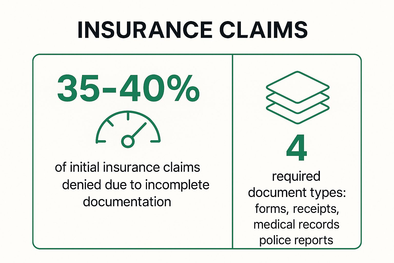 Infographic showing that 35-40% of claims are denied for incomplete documentation and listing the four common required document types.