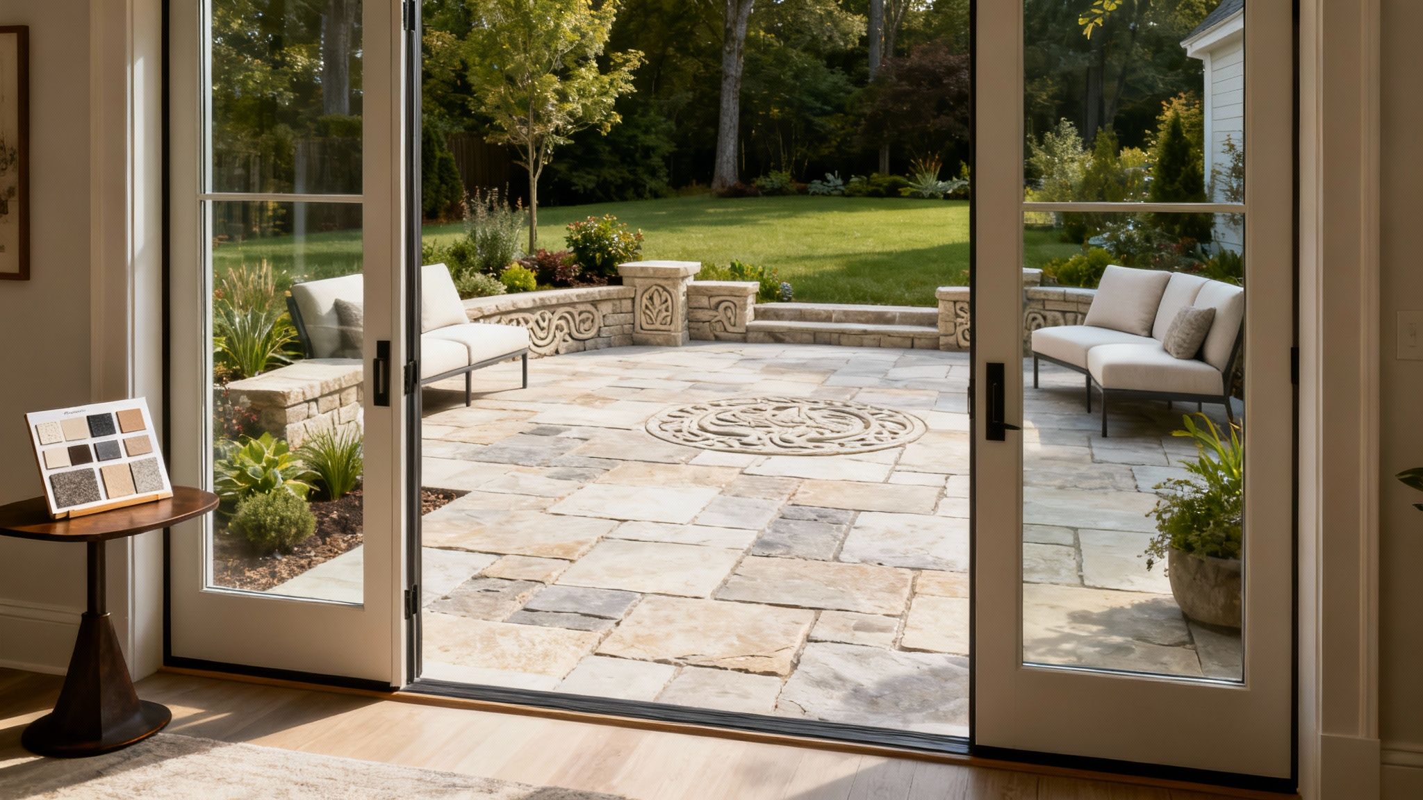 A sophisticated outdoor patio with stone paving, comfortable seating, and lush landscaping through open glass doors.