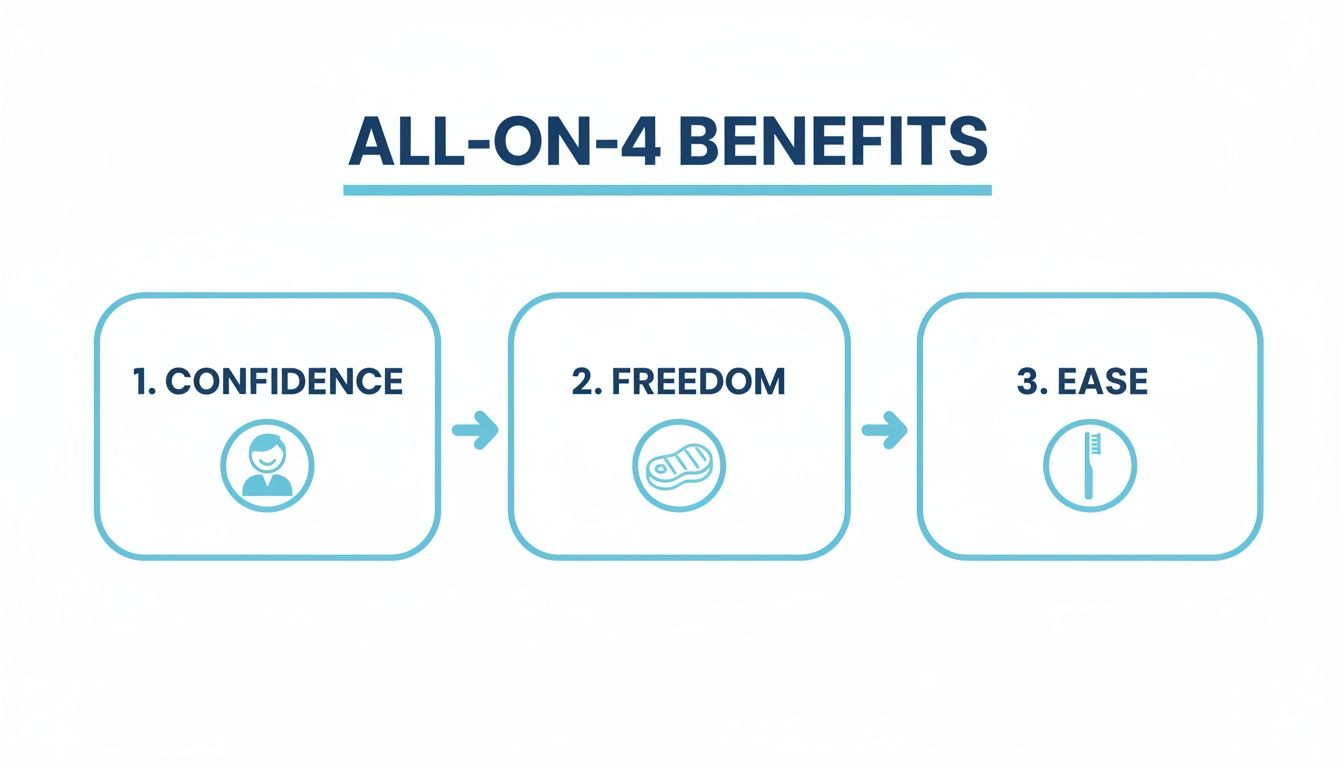 Flowchart illustrating three key benefits of All-on-4 dental implants: Confidence, Freedom to eat, and Ease of cleaning.