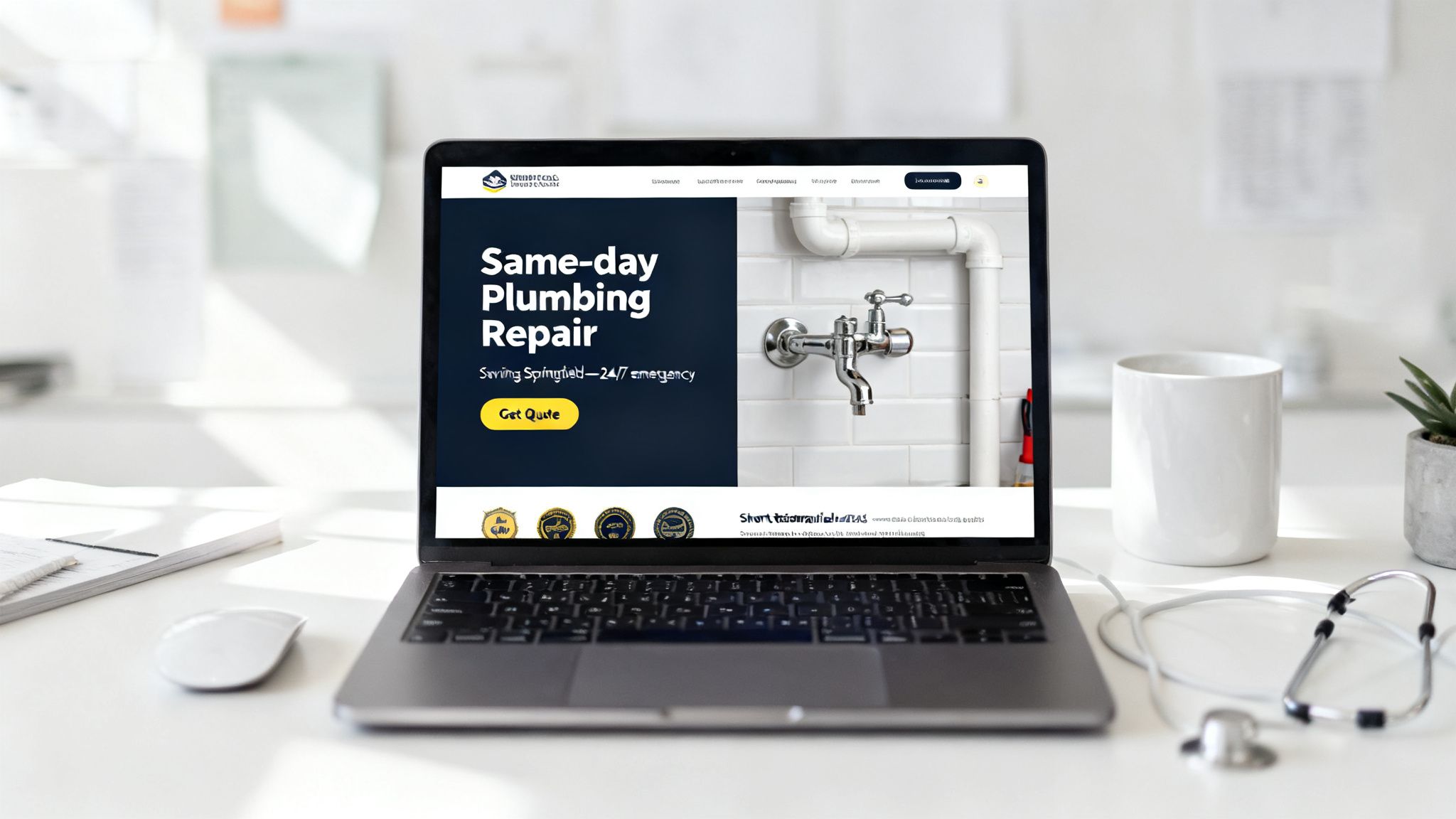 A laptop on a desk showing a plumbing repair landing page optimized with the best practices for landing page design.