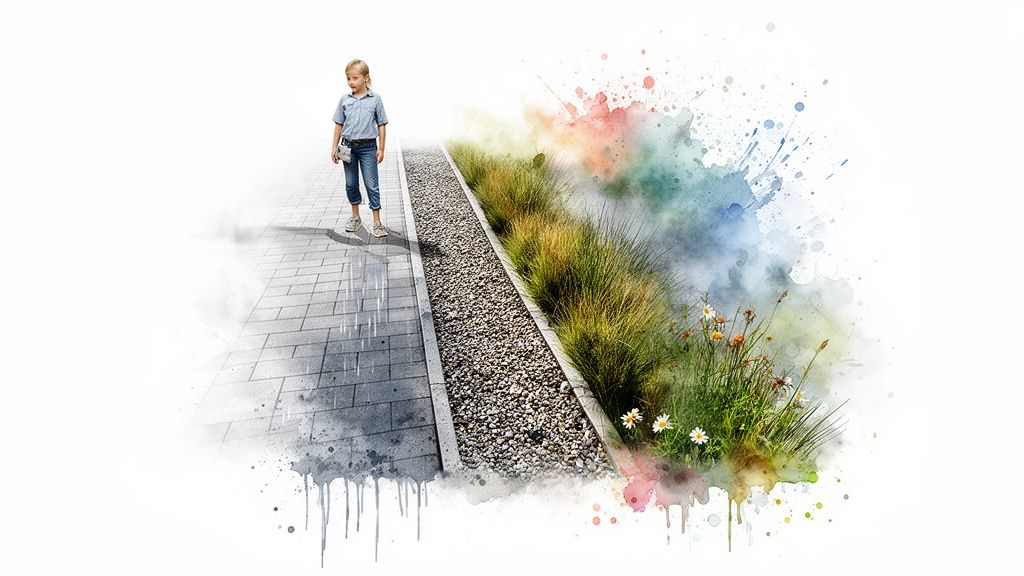 A young child stands on a paved path next to green grass with colorful watercolor splashes.