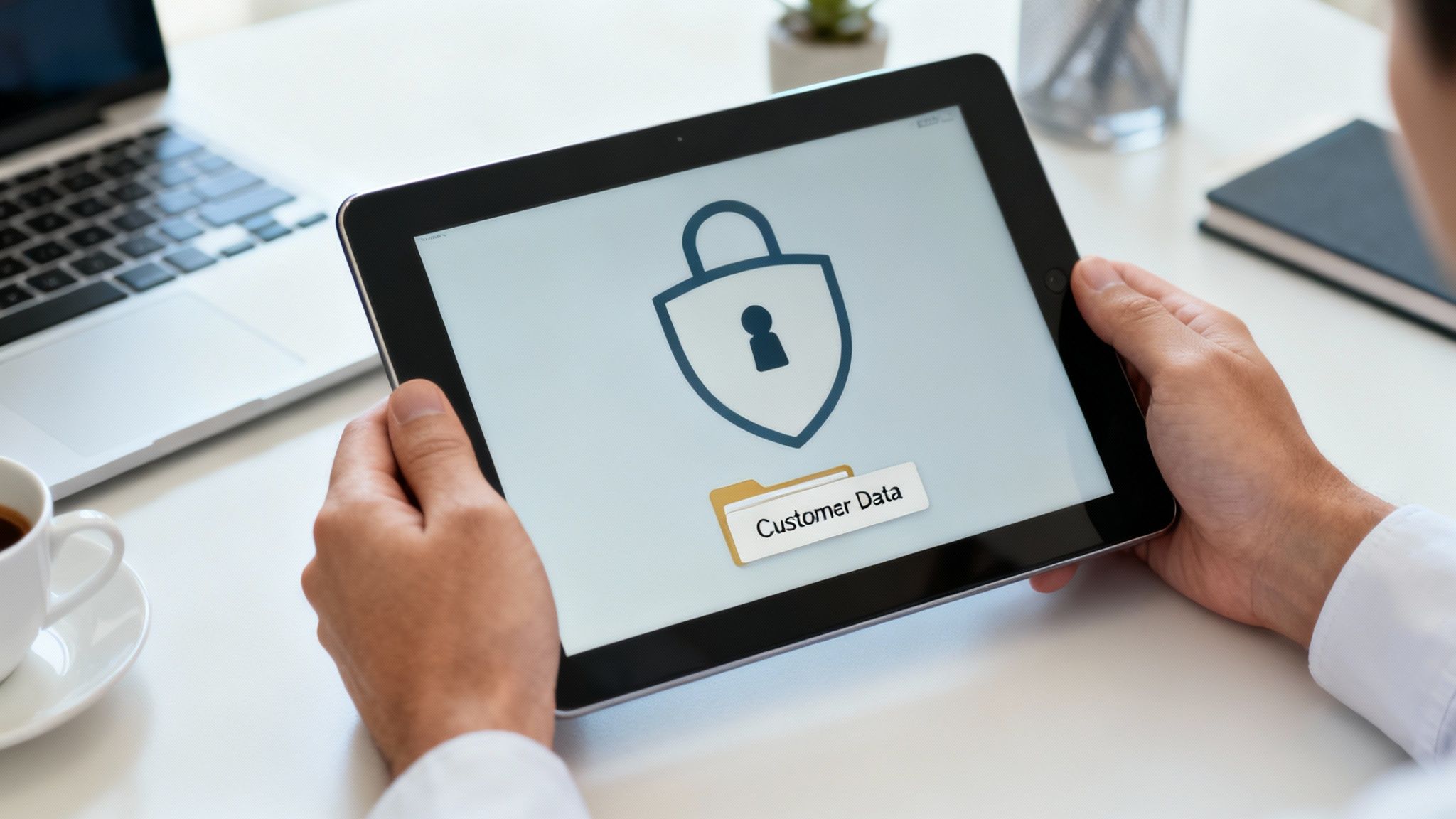 An abstract image of a digital lock and interconnected data points, representing AI data security.