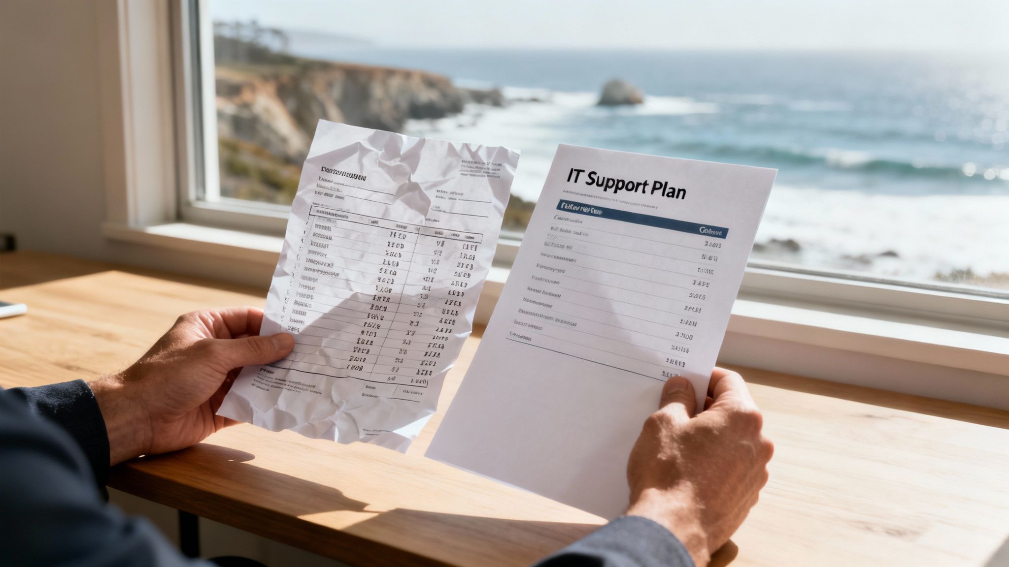 A person holds two documents, one an 'IT Support Plan', by a window overlooking the ocean.