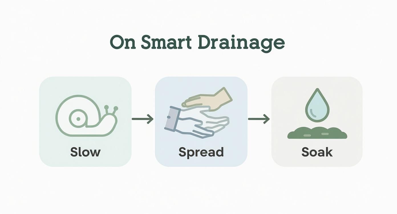 Infographic showing the principles of 'Slow, Spread, Soak' for smart drainage design.