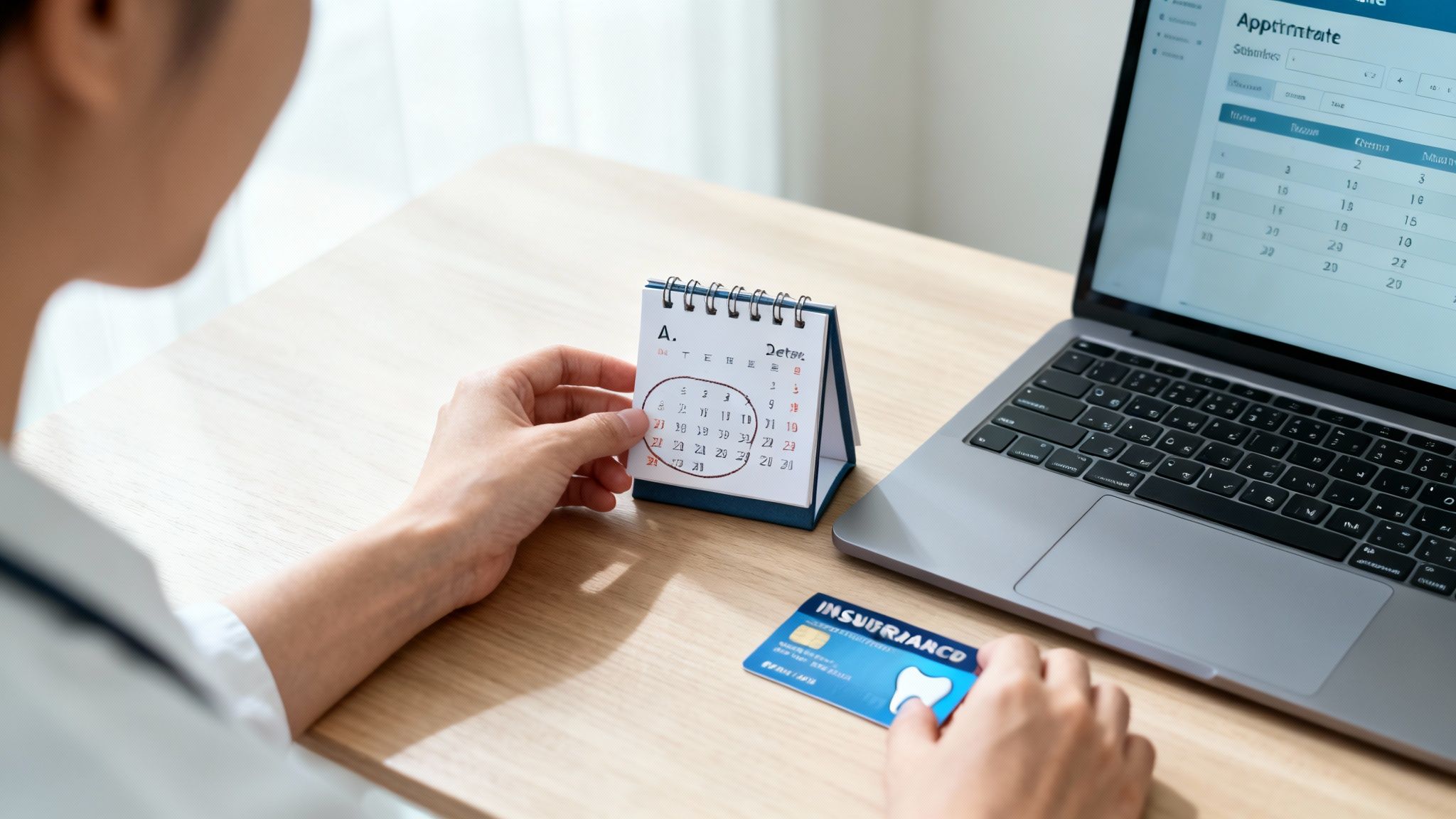 Person holding a dental insurance card and calendar, checking dates next to a laptop.