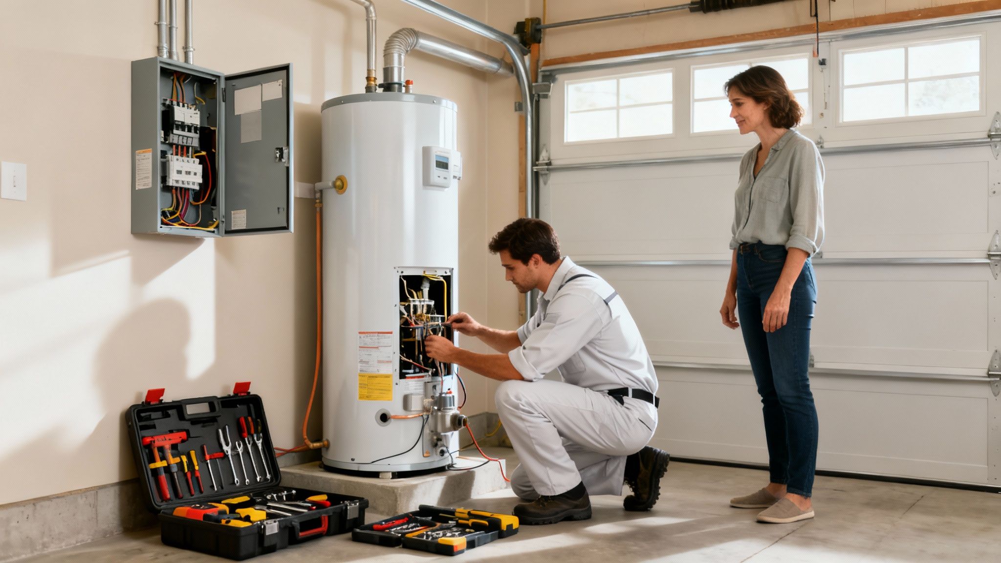A male technician wearing overalls is repairing an electric water heater in a garage, watched by a woman.