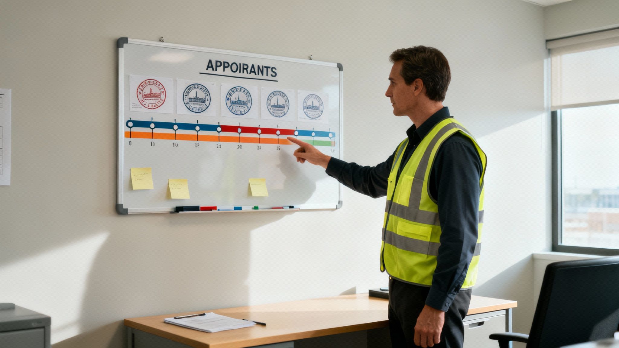 A stack of official-looking permits and blueprints on a table, symbolizing the approval process for a construction project.