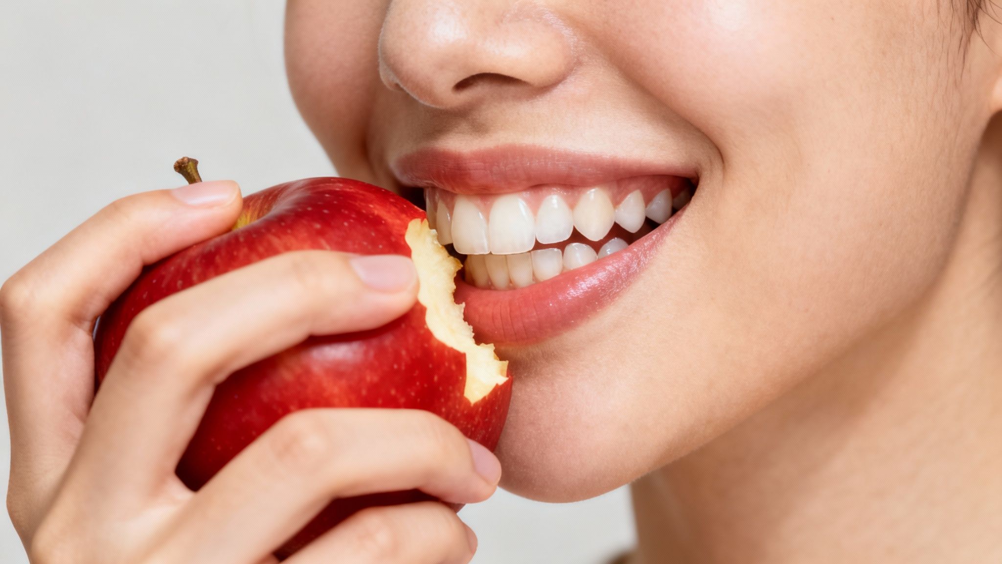 Close-up of a person with a bright smile biting into a fresh red apple.