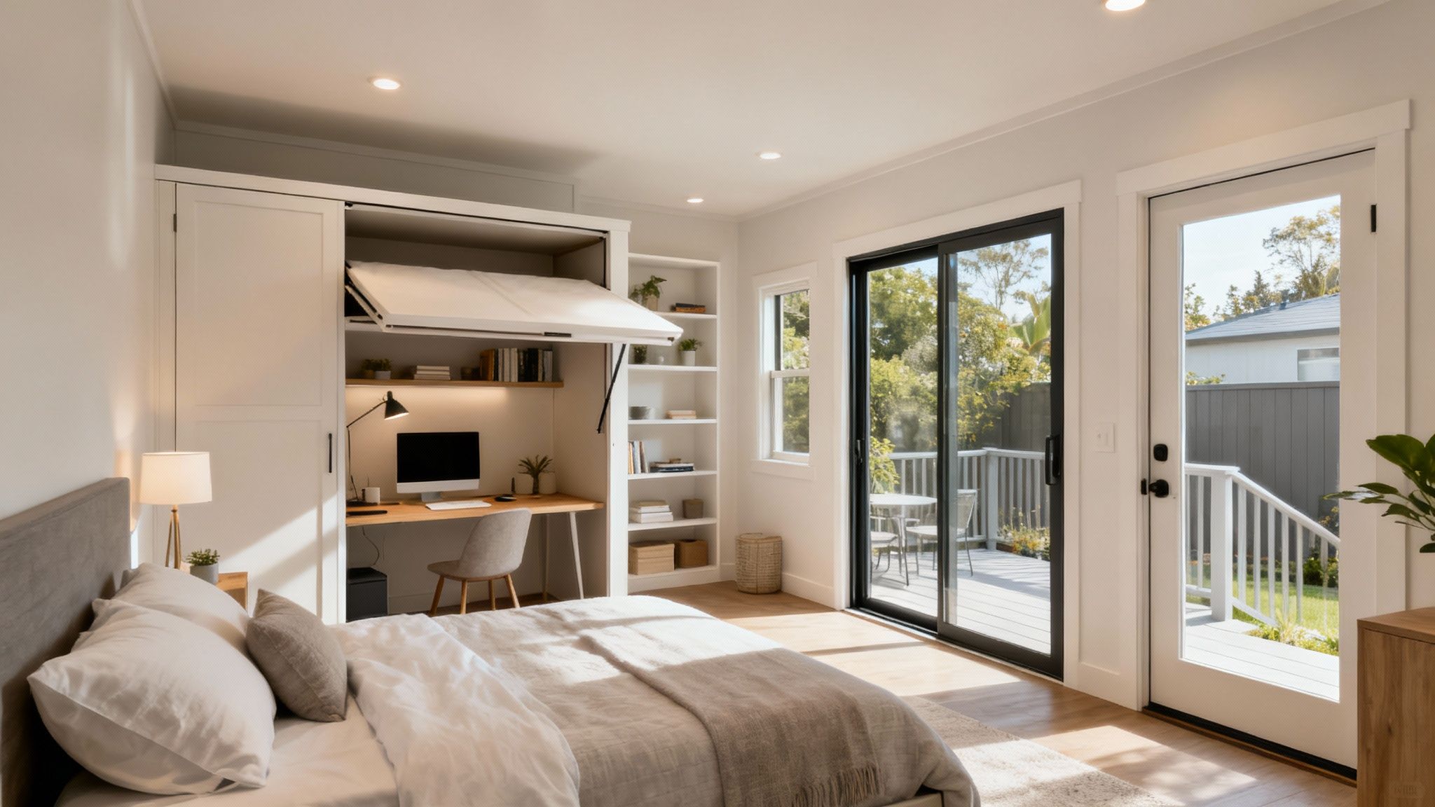 Modern ADU bedroom with Murphy bed, desk workspace, and sliding doors to outdoor deck