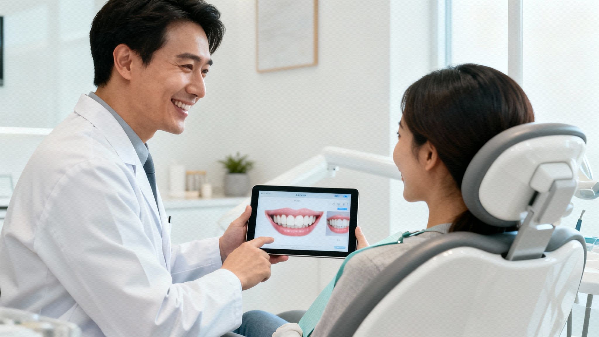 Smiling dentist showing a digital smile makeover simulation on a tablet to a female patient.