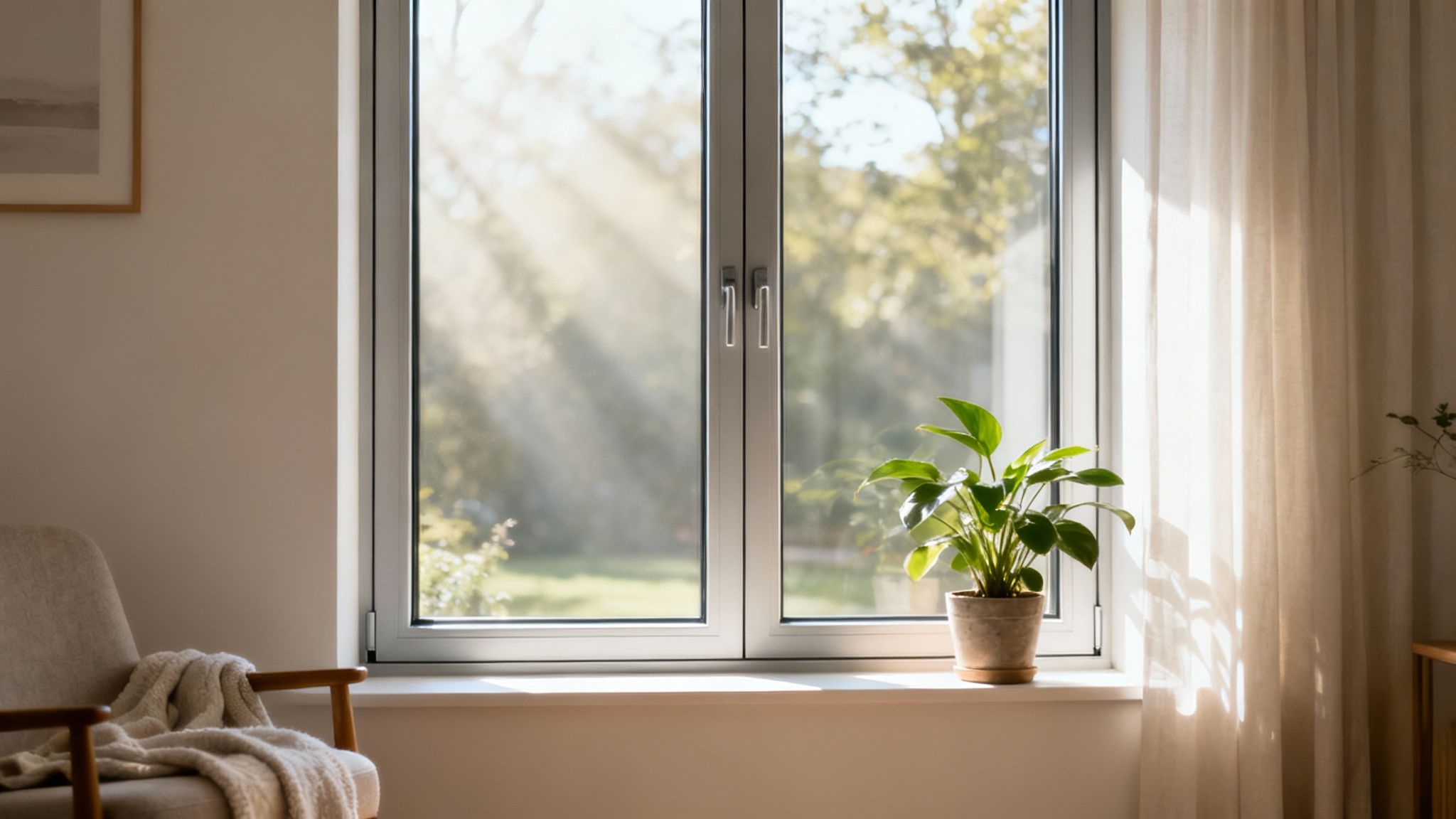A family enjoys their comfortable, light-filled living room with new, energy-efficient windows.