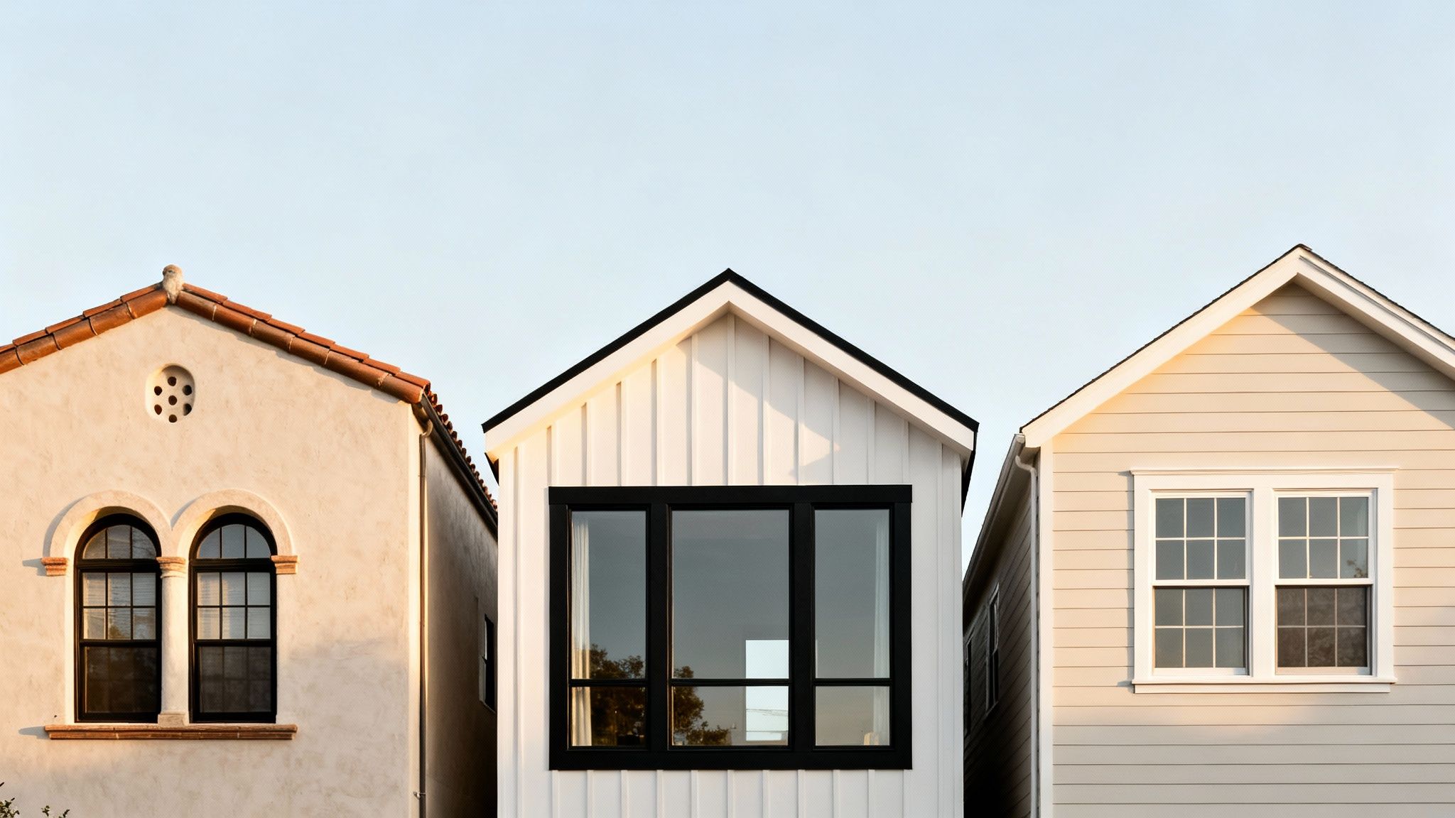 Three distinct house facades showcasing Spanish, modern, and traditional American architectural styles.