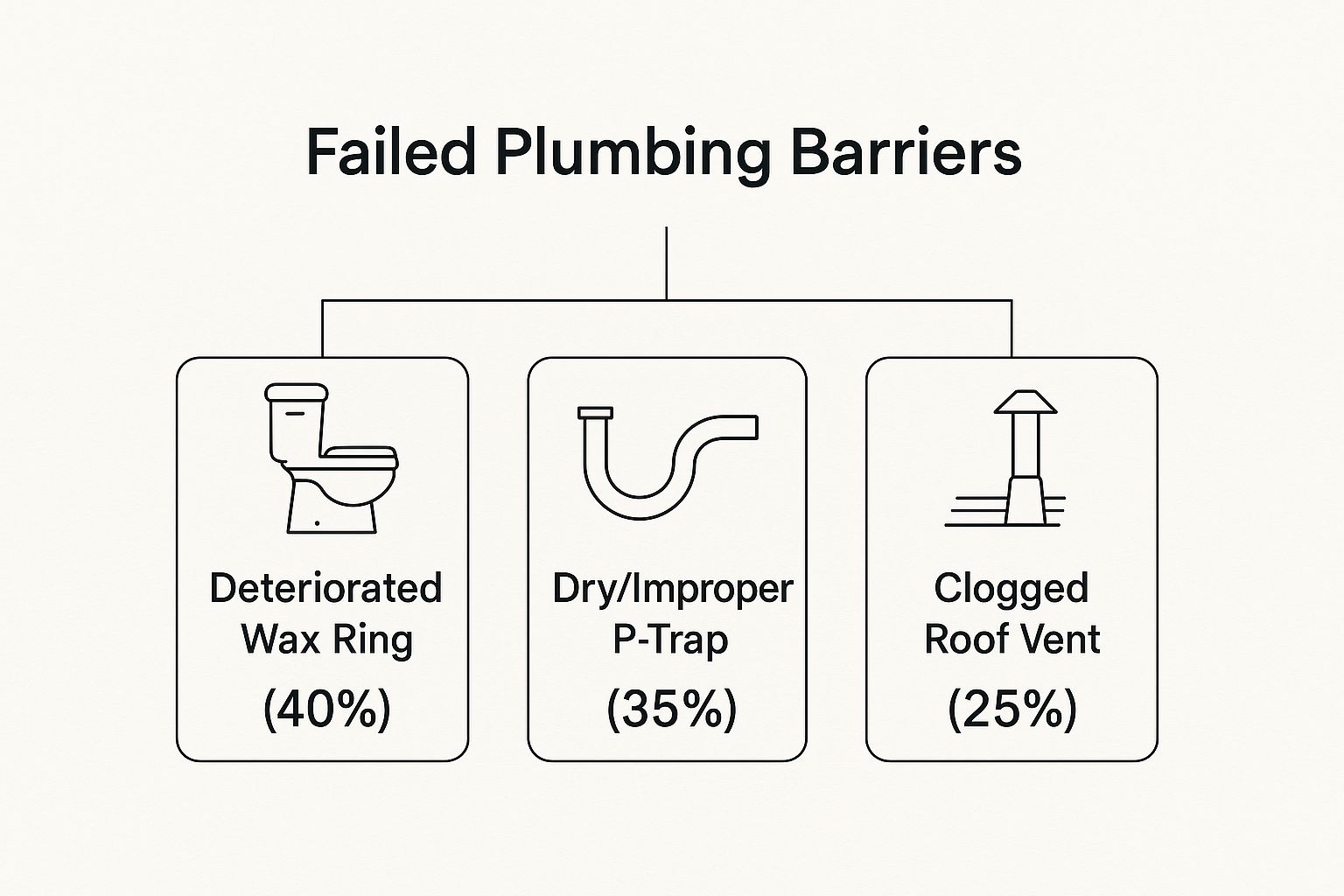 Infographic showing the most common causes of failed plumbing barriers leading to sewage smells: Deteriorated Wax Ring (40%), Dry/Improper P-Trap (35%), and Clogged Roof Vent (25%)
