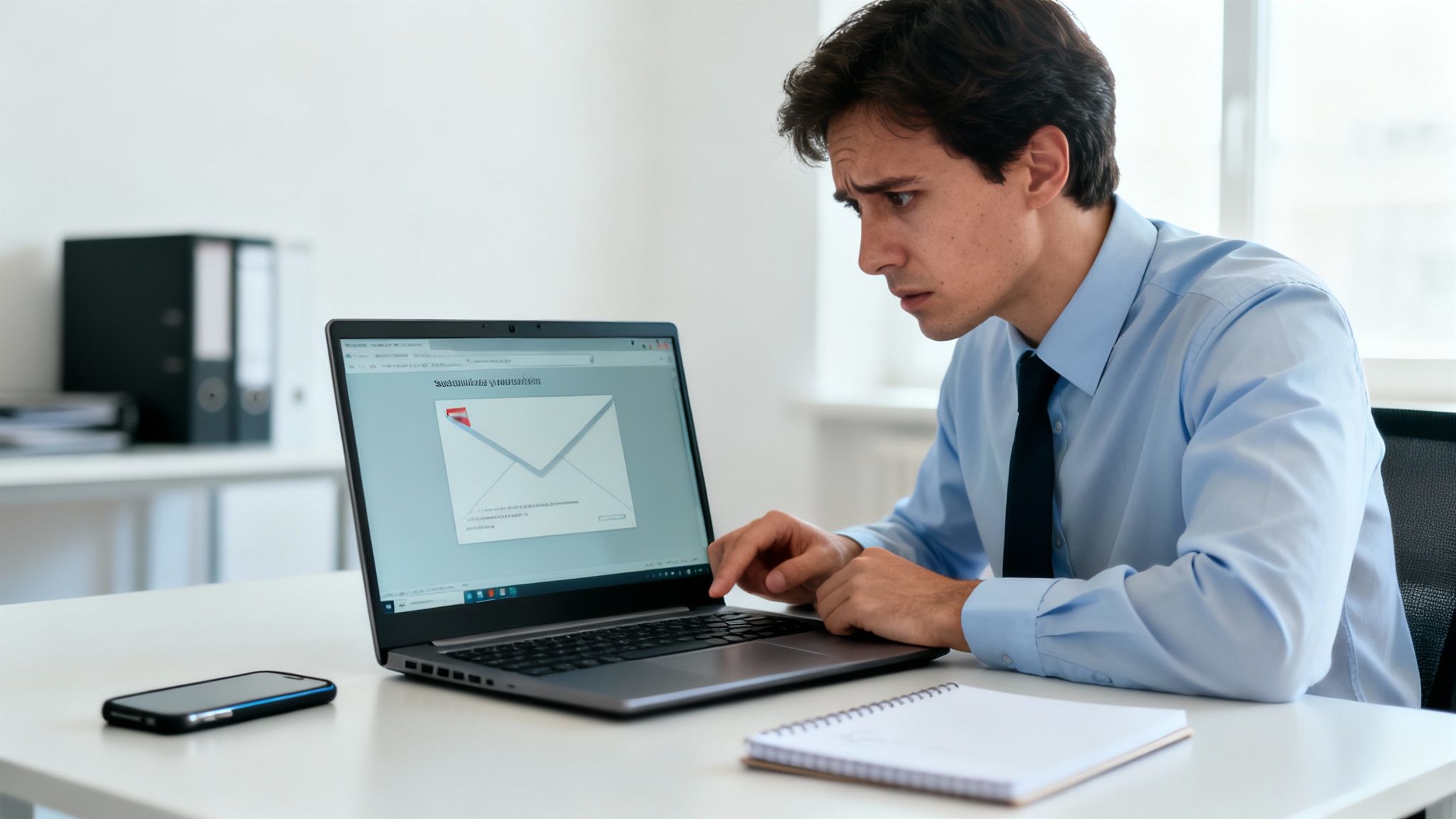 A concerned businessman in a blue shirt and tie looking at his laptop showing an email icon.